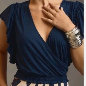 Anthropologie Deep Blue Ruffle Blouse